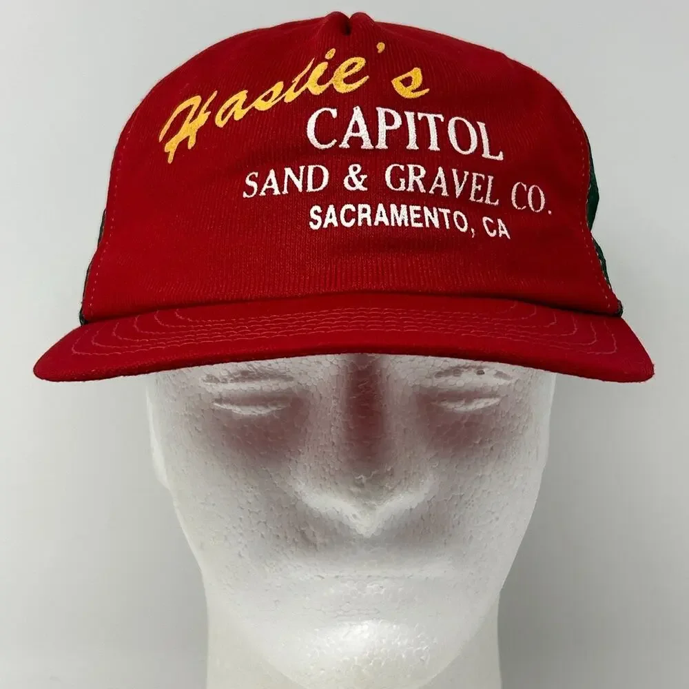 Vintage 80s Hasties Capitol Sand Gravel Trucker Hat Baseball Cap Sacramento Red